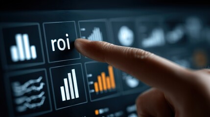 A finger points to the ROI button on a digital interface with various graphs