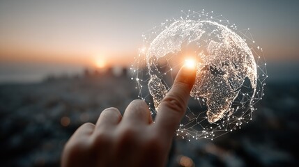 A person's index finger touches a glowing, networked globe with white lines and dots, against a blurred background of a sunset over a cityscape