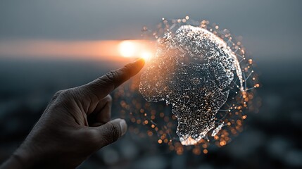 A hand touching a glowing, digital globe with orange dots