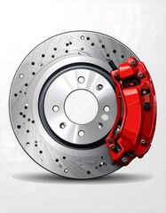 A detailed illustration of a car's brake rotor and caliper assembly. Features a silver rotor with drilled holes, paired with a vibrant red caliper