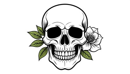 Obraz premium A detailed illustration of a skull adorned with a delicate white flower and green leaves, against a white background