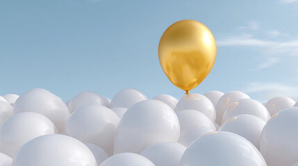 Golden balloon rising above a massive field of plain white balloons against a blue sky, symbolizing standing out from the crowd, uniqueness, success, and individuality in 3D rendering.