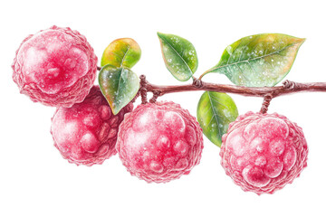 Lychee-like red fruit on a twig with dewy green leaves