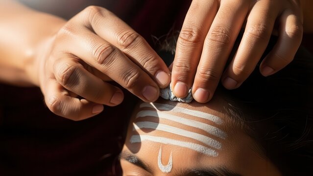 Close-up of a Hindu priest applying tilak on a devotee's forehead during a religious ceremony.