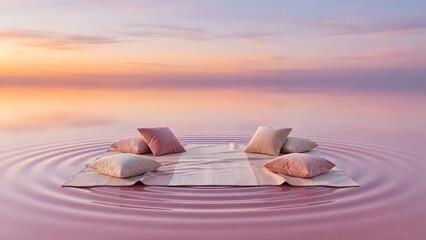 Serene Meditation Platform on Pink Water with Ripples at Sunset.