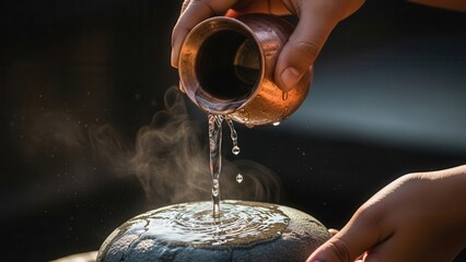 Close-up of hands pouring water over a Shiva Lingam, a symbol of the Hindu deity Shiva, in a religious ritual.