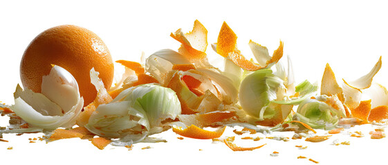 Piled orange peels, onion skins, whole orange