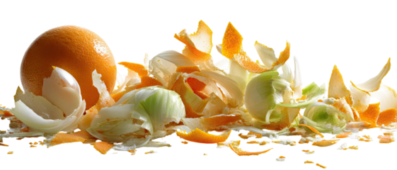 Piled orange peels, onion skins, whole orange