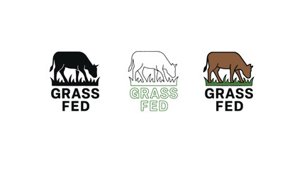 Obraz premium Three grass fed logos featuring cows grazing in a field