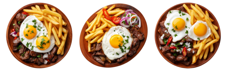 Chorillana beef fried with eggs garnished and herbs, street food isolated on white background. South American Cuisine