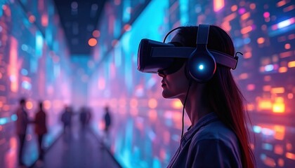 Person wears VR headset at tech conference. Immersive digital experience with glowing lights. Future tech interaction for learning and networking.