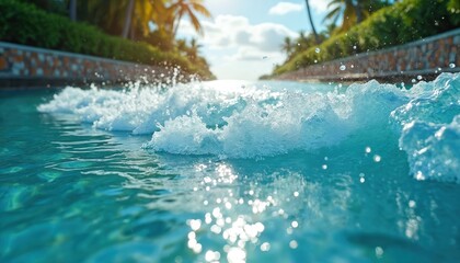 Clear blue water with gentle waves and sunlight sparkling on surface. Palm trees line pathway beside pool, conveying vacation vibe. Relaxing tropical resort scene.