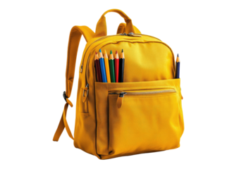 Yellow backpack full of colored pencils