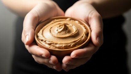 Close up of hands holding a bowl of peanut butter.
