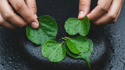 Hands arranging fresh green leaves on a wet black stone surface, creating a natural composition.