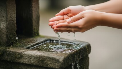 Hands cupping fresh water flowing from a stone fountain, symbolizing purity and renewal.