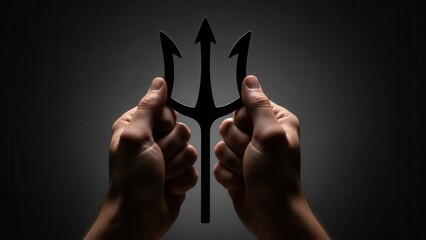 Hands holding a trident against a dark background, symbolizing power and mythology.