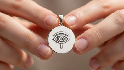 Close up of hands holding a silver pendant with an eye design.