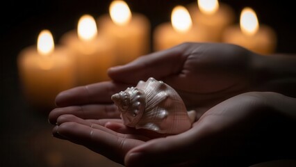 Close-up of hands holding a seashell with candles in the background.