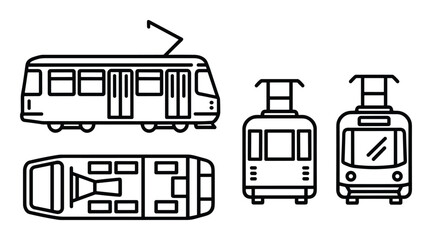Tram line art illustration of tram, front view, side view, and top view with pantograph and train car