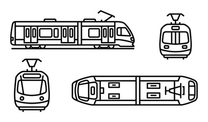 Tram four views vector illustration, side, front, back and top view of modern public transport