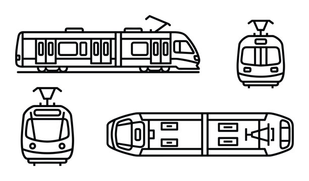 Tram four views vector illustration, side, front, back and top view of modern public transport