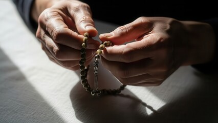Close-up of hands holding a rosary, symbolizing faith and spirituality.