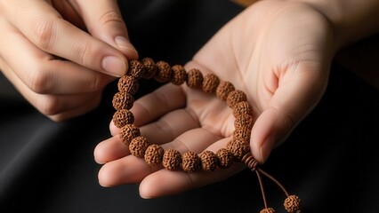 Close up of hands holding a rudraksha seed mala bracelet.