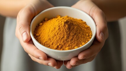 Close up of hands holding a bowl of turmeric powder.