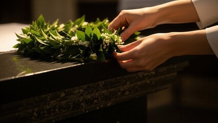 Hands carefully crafting a laurel wreath on a dark surface.