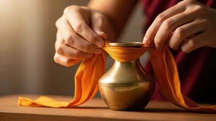 Close-up of hands tying an orange cloth around a brass vase, creating a decorative knot.