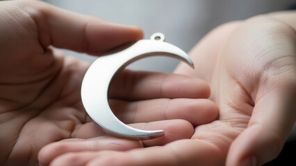 Close-up of hands holding a silver crescent moon pendant, symbol of faith and spirituality.