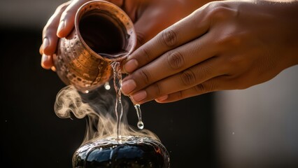 Close-up of hands pouring water from a copper pot onto a black surface with steam rising, symbolizing purification or ritual.