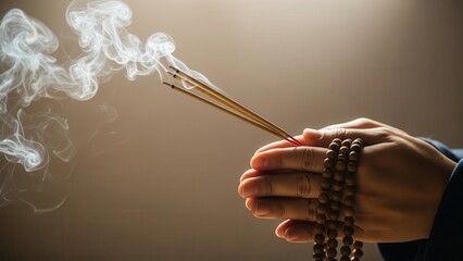 Close-up of hands holding prayer beads with incense sticks burning.