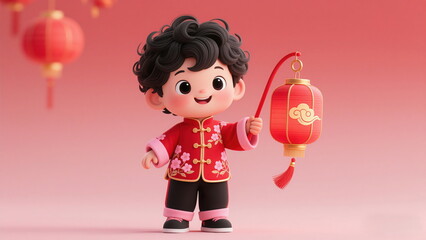 3D Rendered Cute Cartoon Boy in Traditional Chinese Red Tang Suit Holding a Lantern, Festive Illustration for Lunar New Year Celebrations