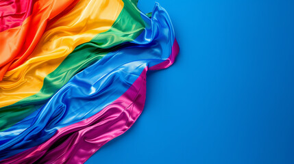 rainbow LGBTQ flag, blue background. June proud pride month parade, gay marriage, coming out day concept, human rights, tolerance.