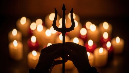 Silhouette of hands holding trident with candles in the background.