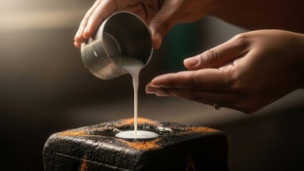 Close up of a person pouring liquid onto a black surface covered in gold powder.