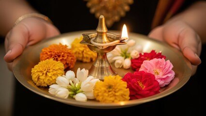 A brass plate holding a lit diya surrounded by colorful flowers for a Hindu religious ceremony.