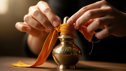 Close up of hands tying a yellow ribbon around a golden perfume bottle.