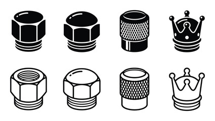 Valve stem caps vector set. Automotive tire valve caps collection.