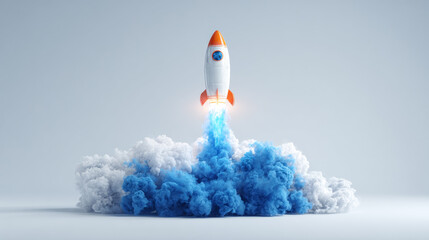 3D rendering of a stylized white and orange rocket lifting off with blue and white exhaust smoke, symbolizing successful business startup, technological progress, and new venture launch.