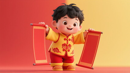 3D Rendered Cute Cartoon Boy in Traditional Chinese New Year Attire Holding a Red Couplet Scroll, Festive Illustration for Lunar New Year Celebrations