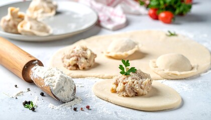 Dumplings being prepared with ingredients spread on a surface