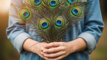 Close up of woman holding peacock feathers in her hands.