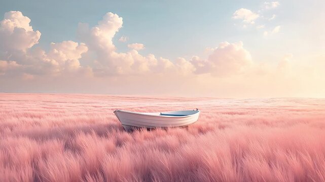 Small white boat resting in soft pink grass field beneath pastel sky with scattered clouds