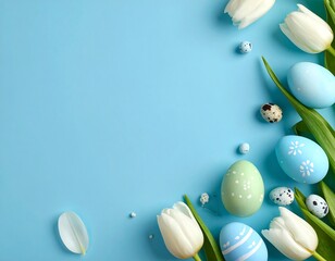 Easter arrangement with pastel-colored eggs and white tulips on blue