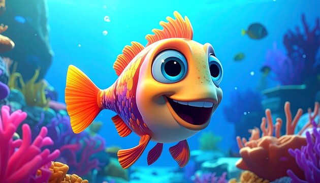 Animated underwater scene featuring a smiling colorful fish