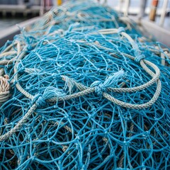 Vibrant blue fishing nets stacked on boat deck