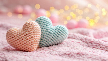 Two heart-shaped objects made of yarn, fluffy pink surface that resembles fabric, valentine's day theme